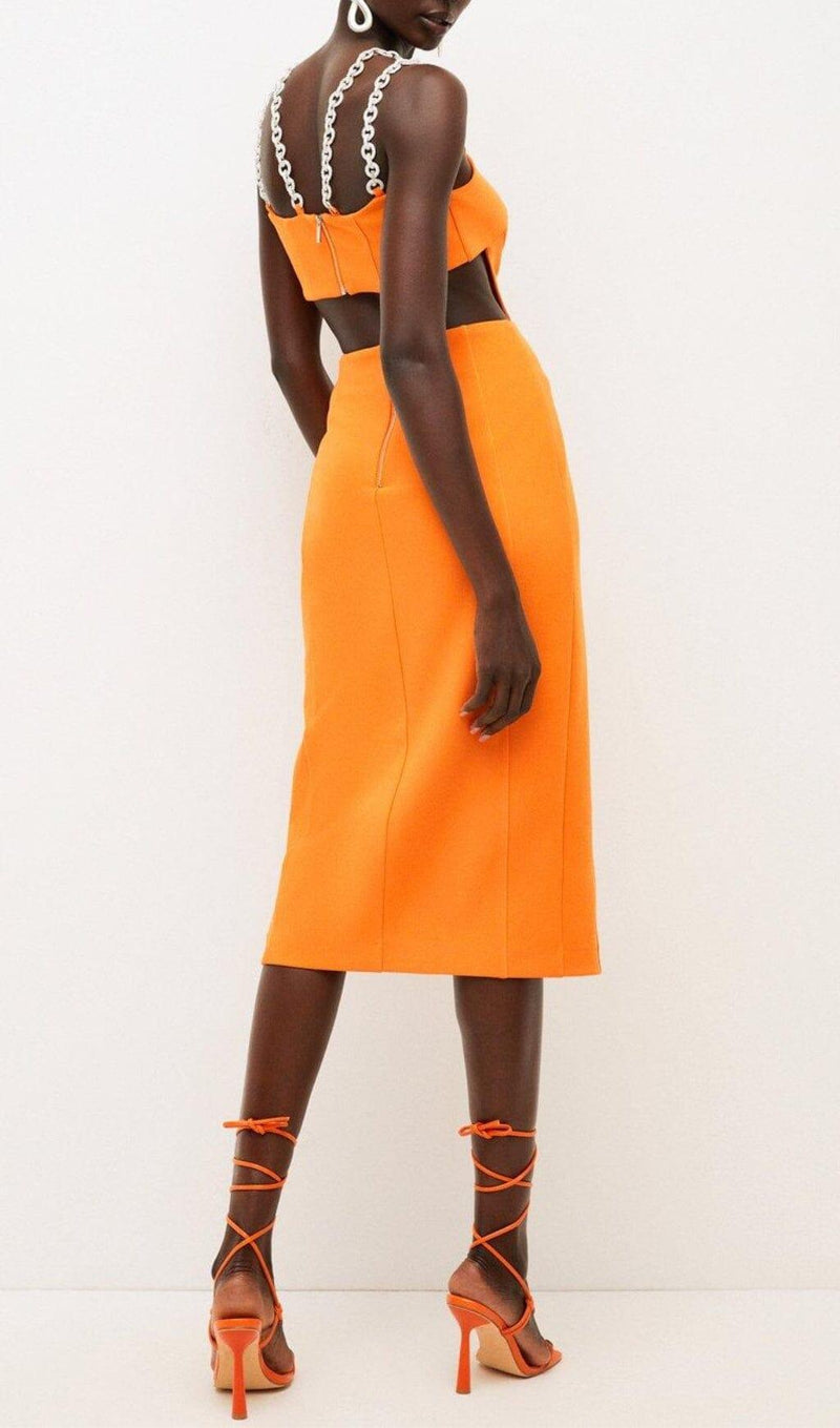 BANDAGE CUTOUT MIDI DRESS IN ORANGE