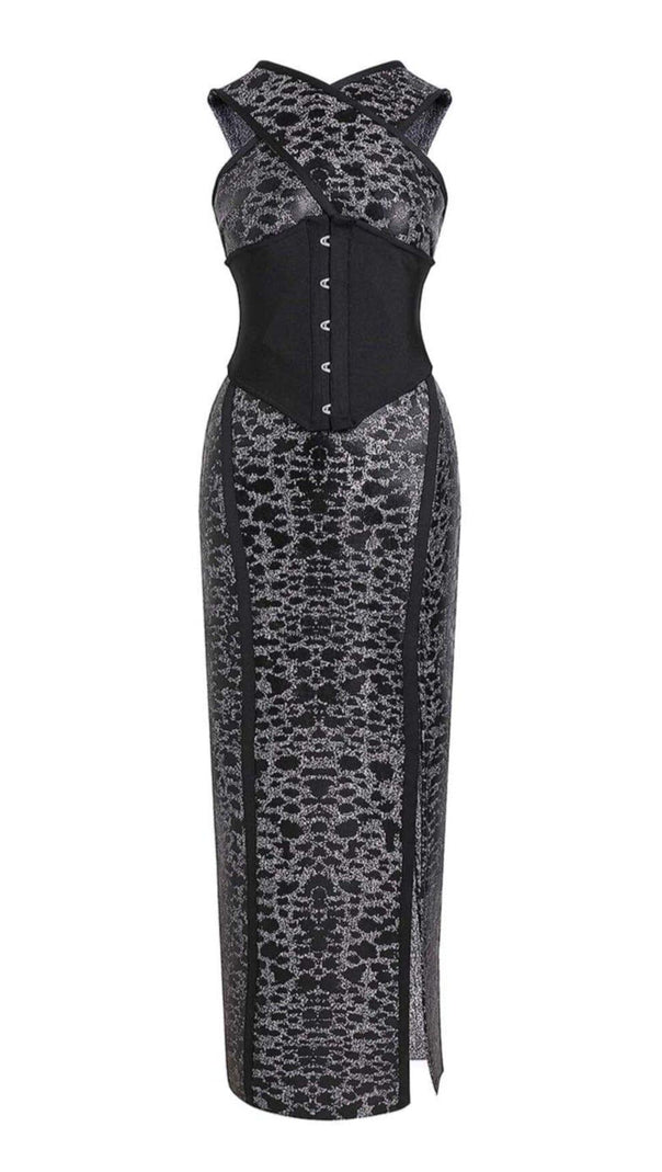 AIIZIE LEOPARD PRINT CRISS CROSS TIGHT BELT SPLIT LONG BANDAGE DRESS - product image