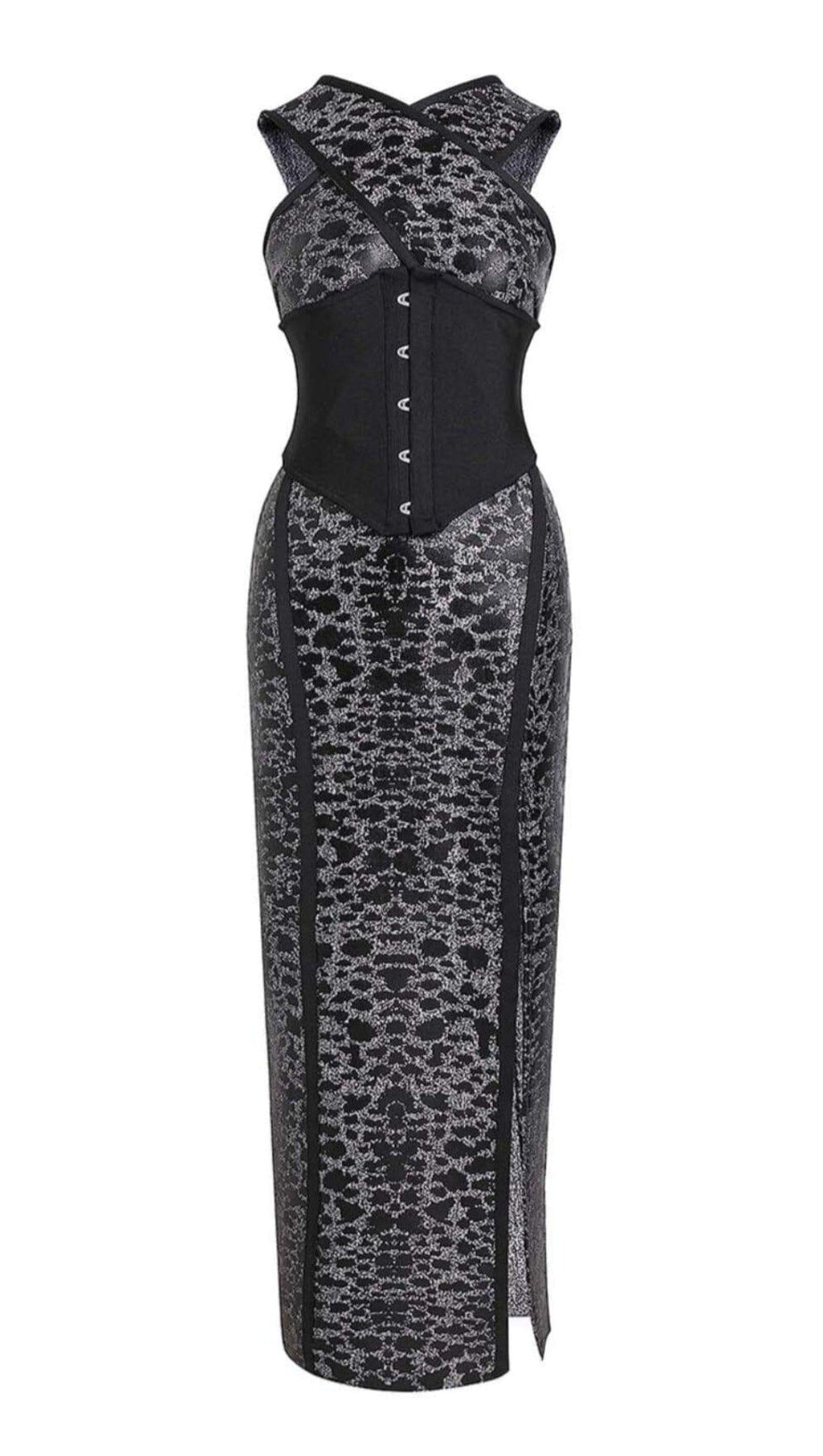 LEOPARD PRINT CRISS CROSS TIGHT BELT SPLIT LONG BANDAGE DRESS