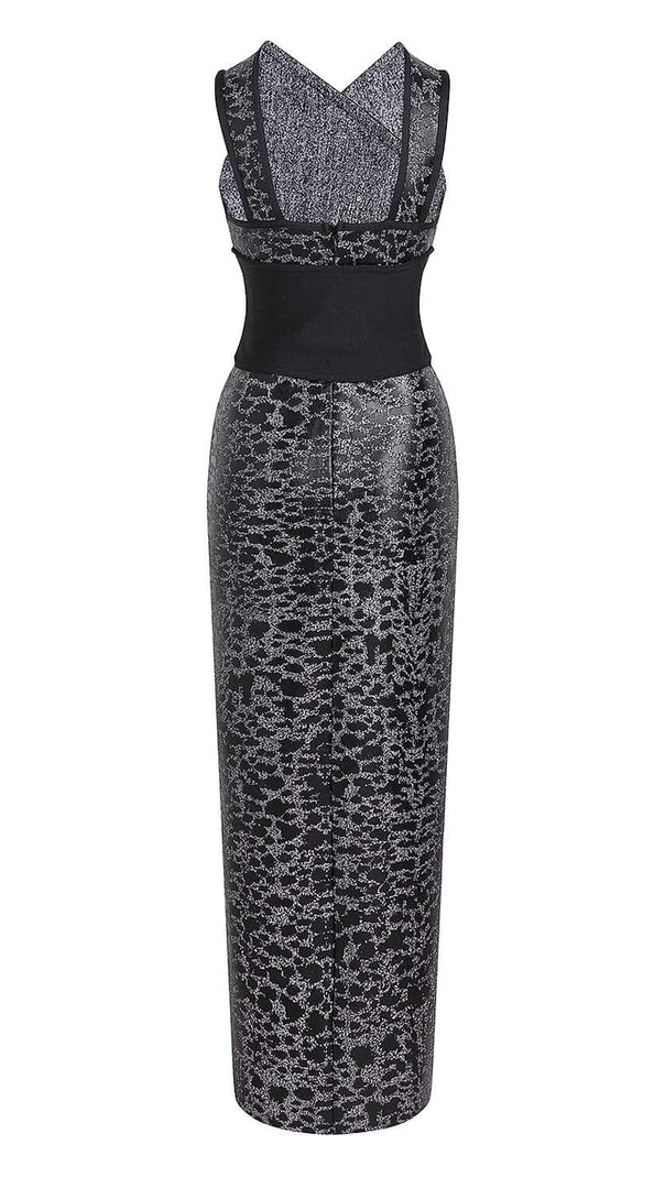 AIIZIE LEOPARD PRINT CRISS CROSS TIGHT BELT SPLIT LONG BANDAGE DRESS - product image