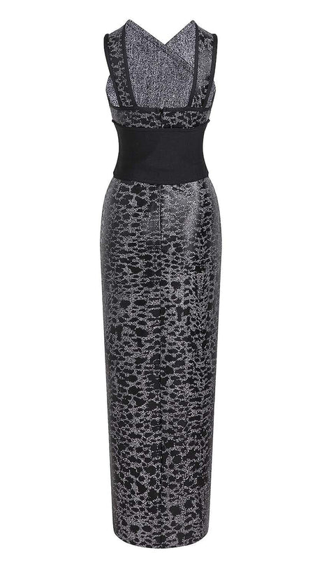 LEOPARD PRINT CRISS CROSS TIGHT BELT SPLIT LONG BANDAGE DRESS