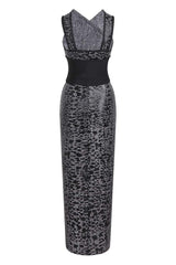 LEOPARD PRINT CRISS CROSS TIGHT BELT SPLIT LONG BANDAGE DRESS