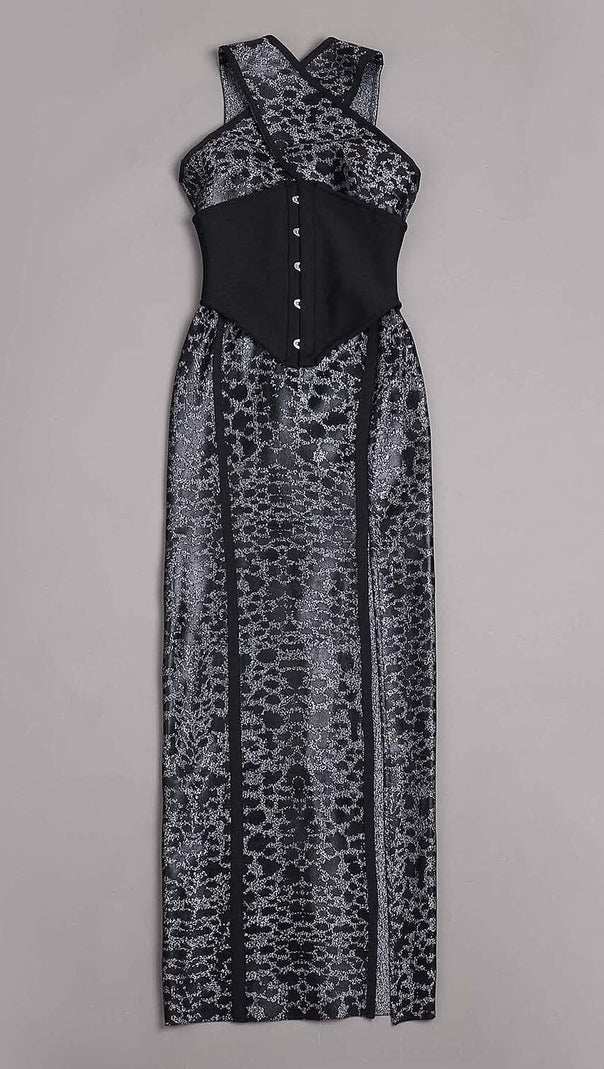 AIIZIE LEOPARD PRINT CRISS CROSS TIGHT BELT SPLIT LONG BANDAGE DRESS - product image