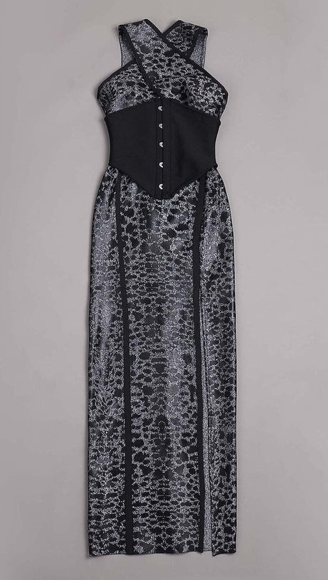 LEOPARD PRINT CRISS CROSS TIGHT BELT SPLIT LONG BANDAGE DRESS