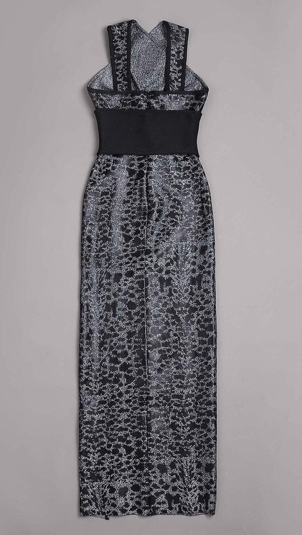 AIIZIE LEOPARD PRINT CRISS CROSS TIGHT BELT SPLIT LONG BANDAGE DRESS - product image