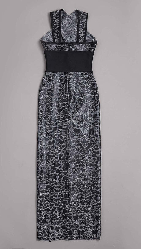 LEOPARD PRINT CRISS CROSS TIGHT BELT SPLIT LONG BANDAGE DRESS