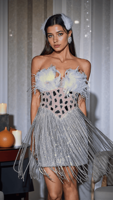 KAMDYN STRAPLESS CRYSTAL FRINGE SEQUIN DRESS