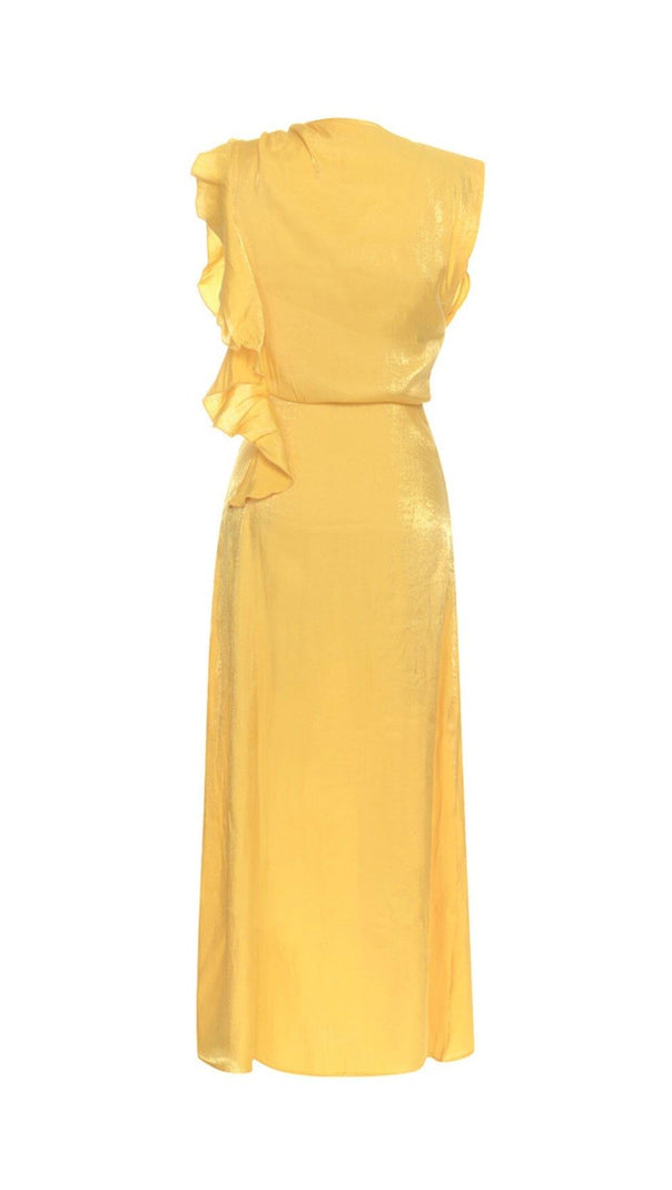 AIIZIE YELLOW MOCK NECK RUFFLE TRIM DRAPED DETAIL SATIN DRESS - product image