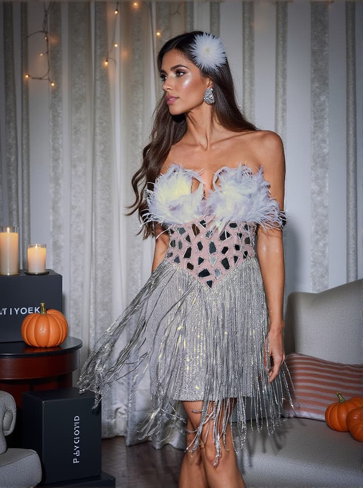 Kamdyn Strapless Crystal Fringe Sequin Dress