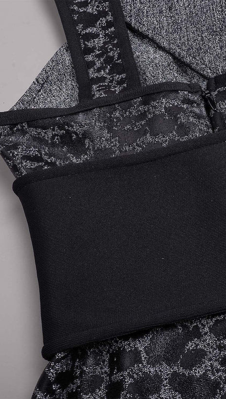 LEOPARD PRINT CRISS CROSS TIGHT BELT SPLIT LONG BANDAGE DRESS