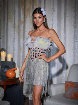 Kamdyn Strapless Crystal Fringe Sequin Dress