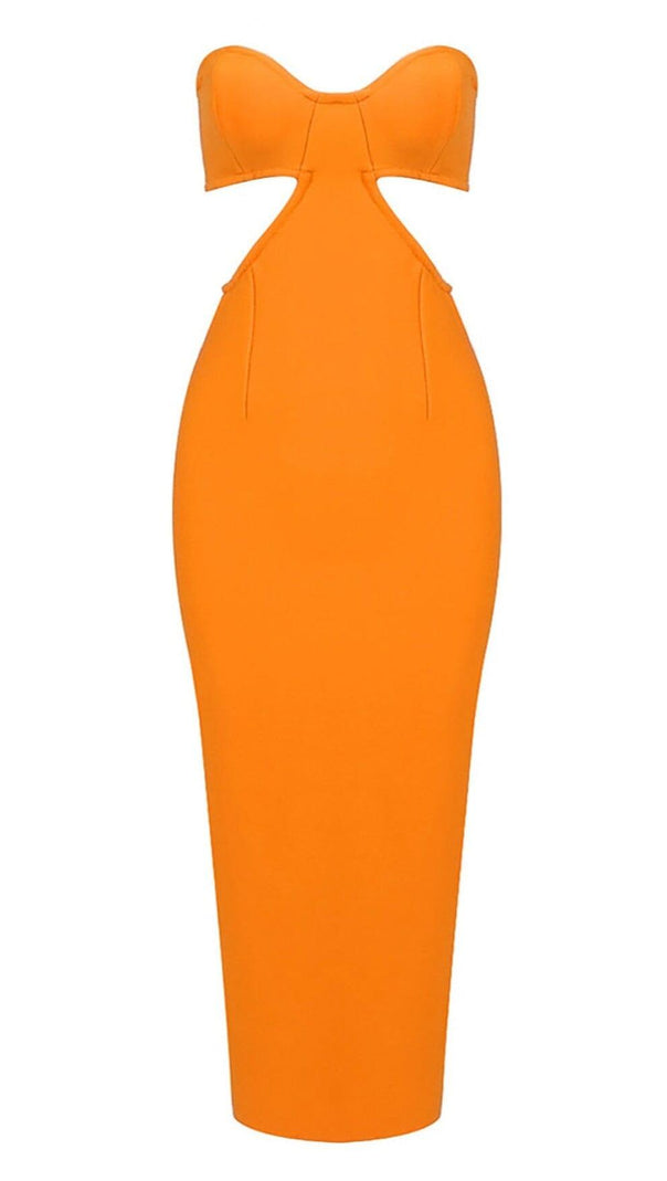 AIIZIE BUSTIER NECKLINE CUT OUT BANDAGE DRESS IN ORANGE - product image