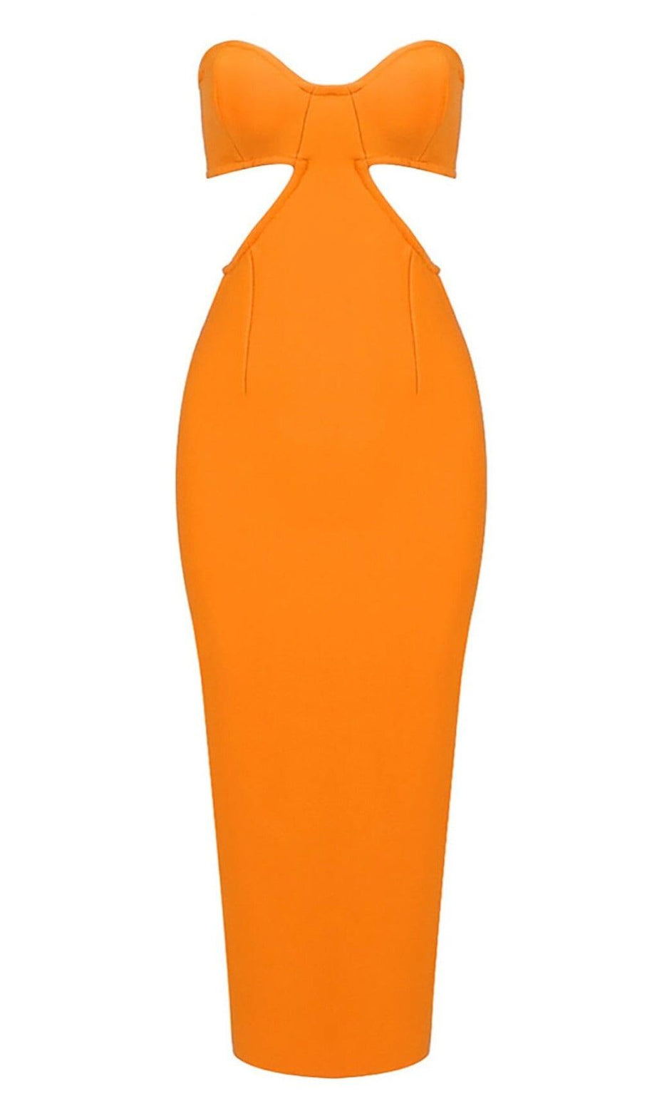 ABITO BUSTIER CON SCOLLO A V E BENDAGGI IN ARANCIONE