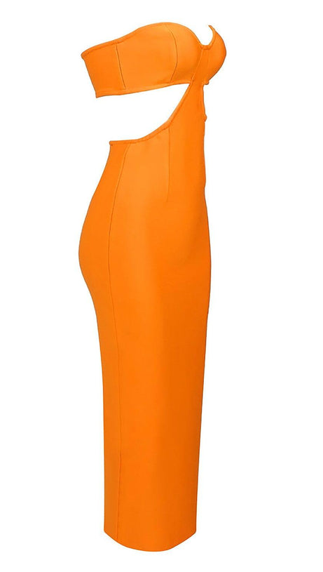 BUSTIER NECKLINE CUT OUT BANDAGE DRESS IN ORANGE