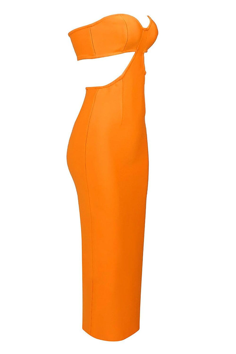 BUSTIER NECKLINE CUT OUT BANDAGE DRESS IN ORANGE