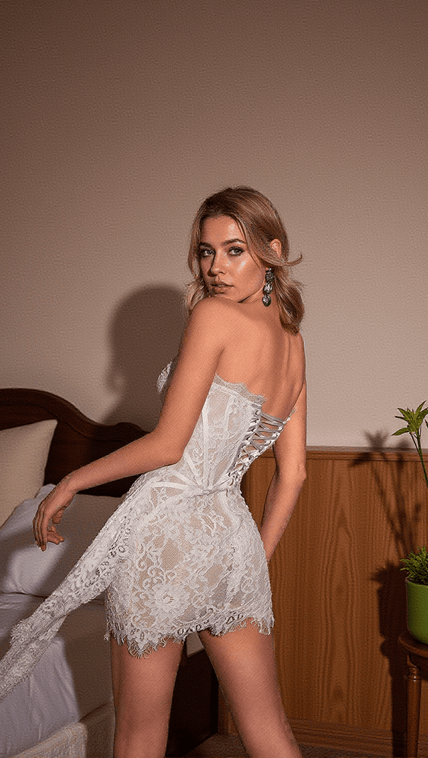 AIIZIE YOLITA STRAPLESS PATCHWORK LACE DRESS IN WHITE - product image
