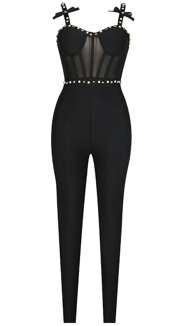 AIIZIE STRAPPY BEADED BANDAGE MESH JUMPSUIT - product image
