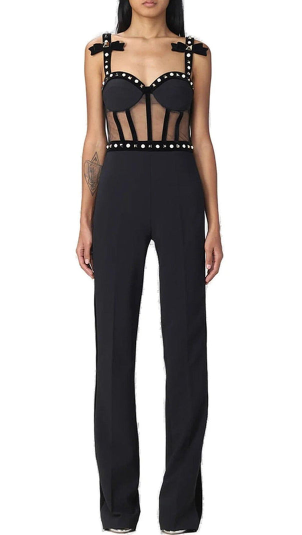 AIIZIE STRAPPY BEADED BANDAGE MESH JUMPSUIT - product image