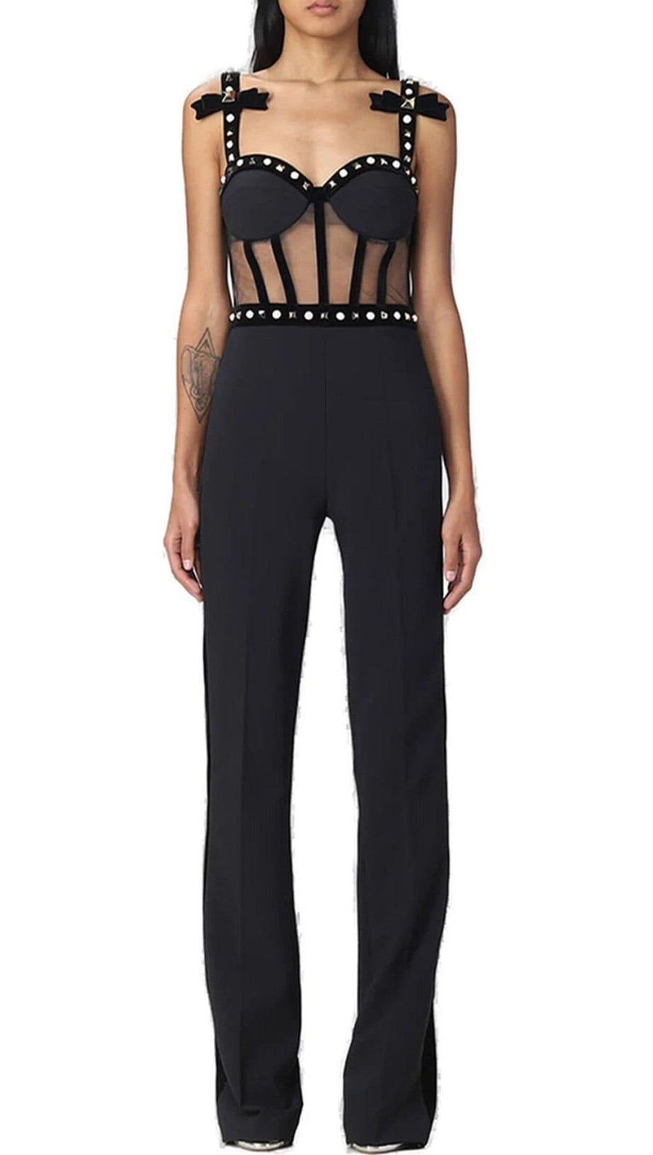 STRAPPY BEADED BANDAGE MESH JUMPSUIT