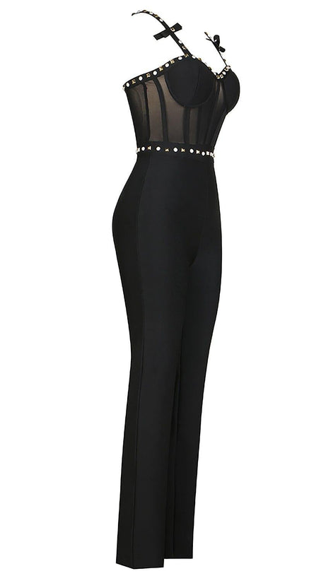 STRAPPY BEADED BANDAGE MESH JUMPSUIT