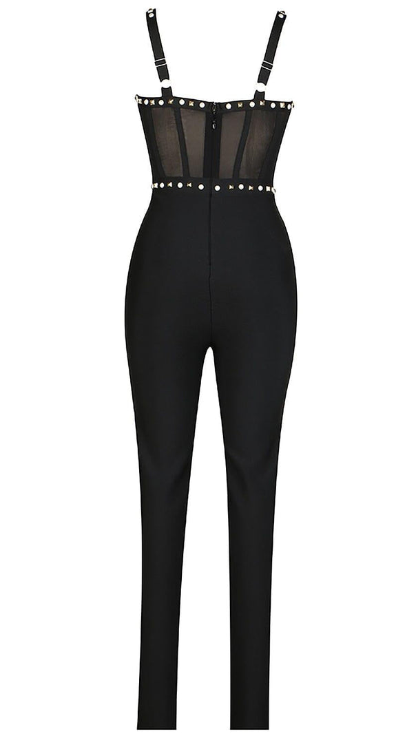 AIIZIE STRAPPY BEADED BANDAGE MESH JUMPSUIT - product image