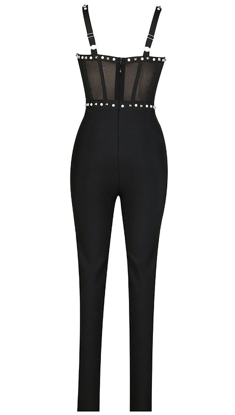 STRAPPY BEADED BANDAGE MESH JUMPSUIT