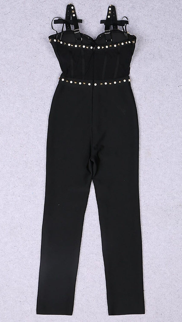 AIIZIE STRAPPY BEADED BANDAGE MESH JUMPSUIT - product image