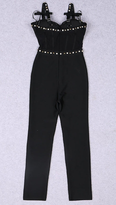 STRAPPY BEADED BANDAGE MESH JUMPSUIT