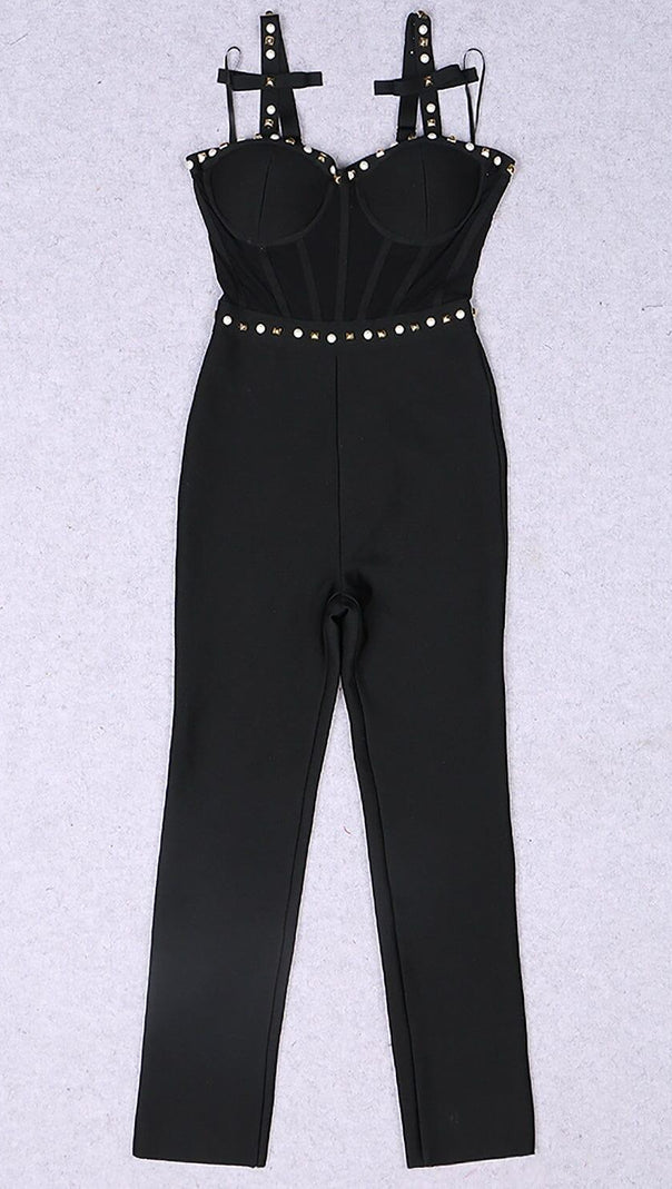 AIIZIE STRAPPY BEADED BANDAGE MESH JUMPSUIT - product image