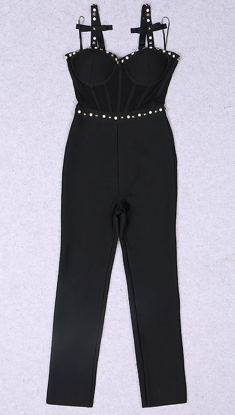 STRAPPY BEADED BANDAGE MESH JUMPSUIT