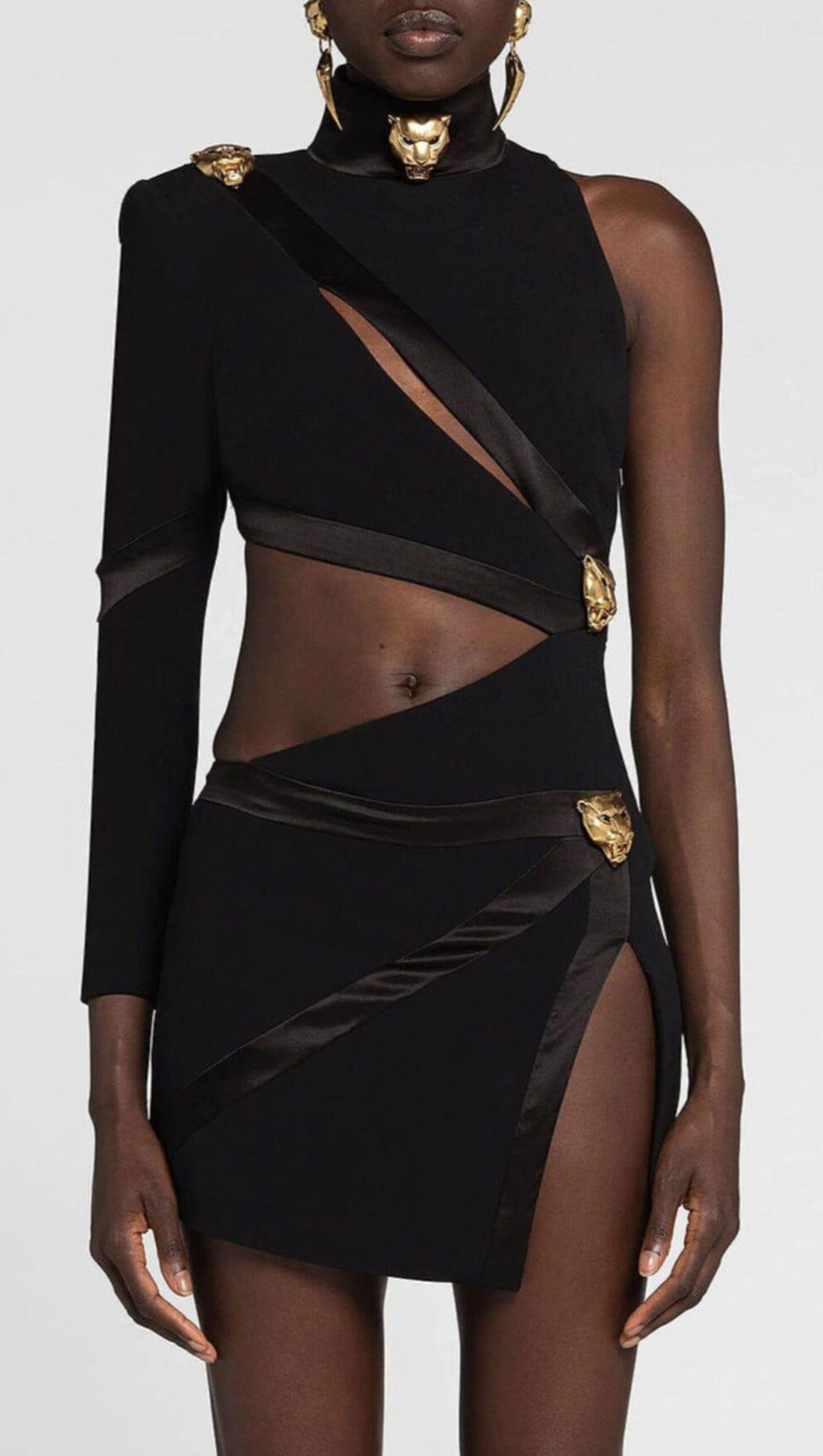 PANTHER HEAD CUT OUT ASYMMETRIC BANDAGE MINI DRESS