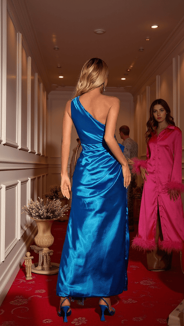 AIIZIE KENAI ONE SHOULDER FEATHER SATIN TULIP DRESS - product image