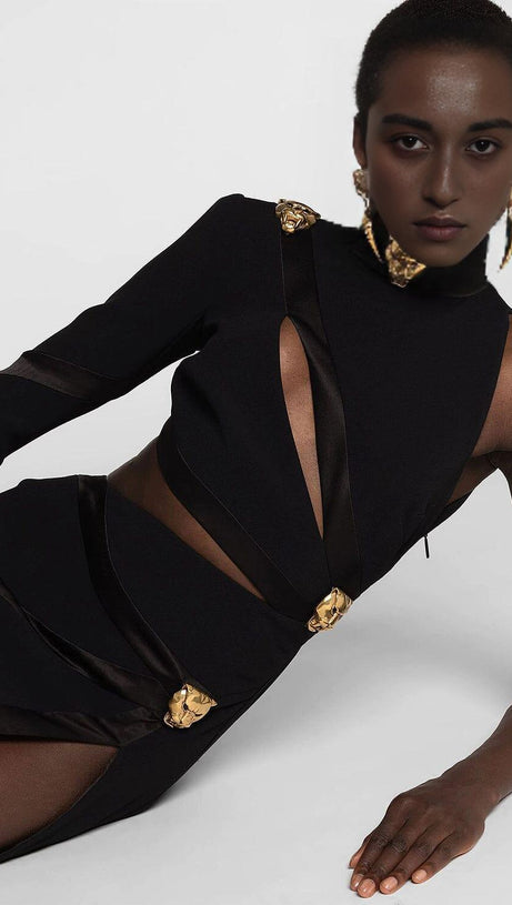 PANTHER HEAD CUT OUT ASYMMETRIC BANDAGE MINI DRESS