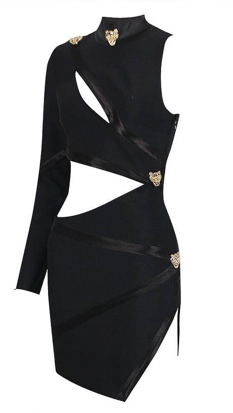 PANTHER HEAD CUT OUT ASYMMETRIC BANDAGE MINI DRESS