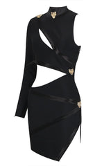 PANTHER HEAD CUT OUT ASYMMETRIC BANDAGE MINI DRESS