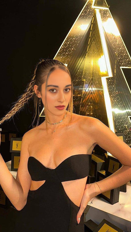 BUSTIER NECKLINE CUT OUT BANDAGE DRESS IN BLACK