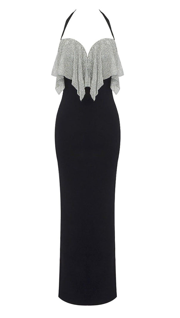AIIZIE BLACK HALTER BANDAGE CORSETED DRESS WITH CRYSTAL CHAINMAIL - product image