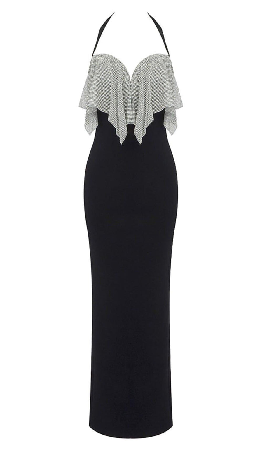 ABITO NERO CON CORSETTO E FASCIA HALTER CON COTTA DI CATENA CON CRISTALLI