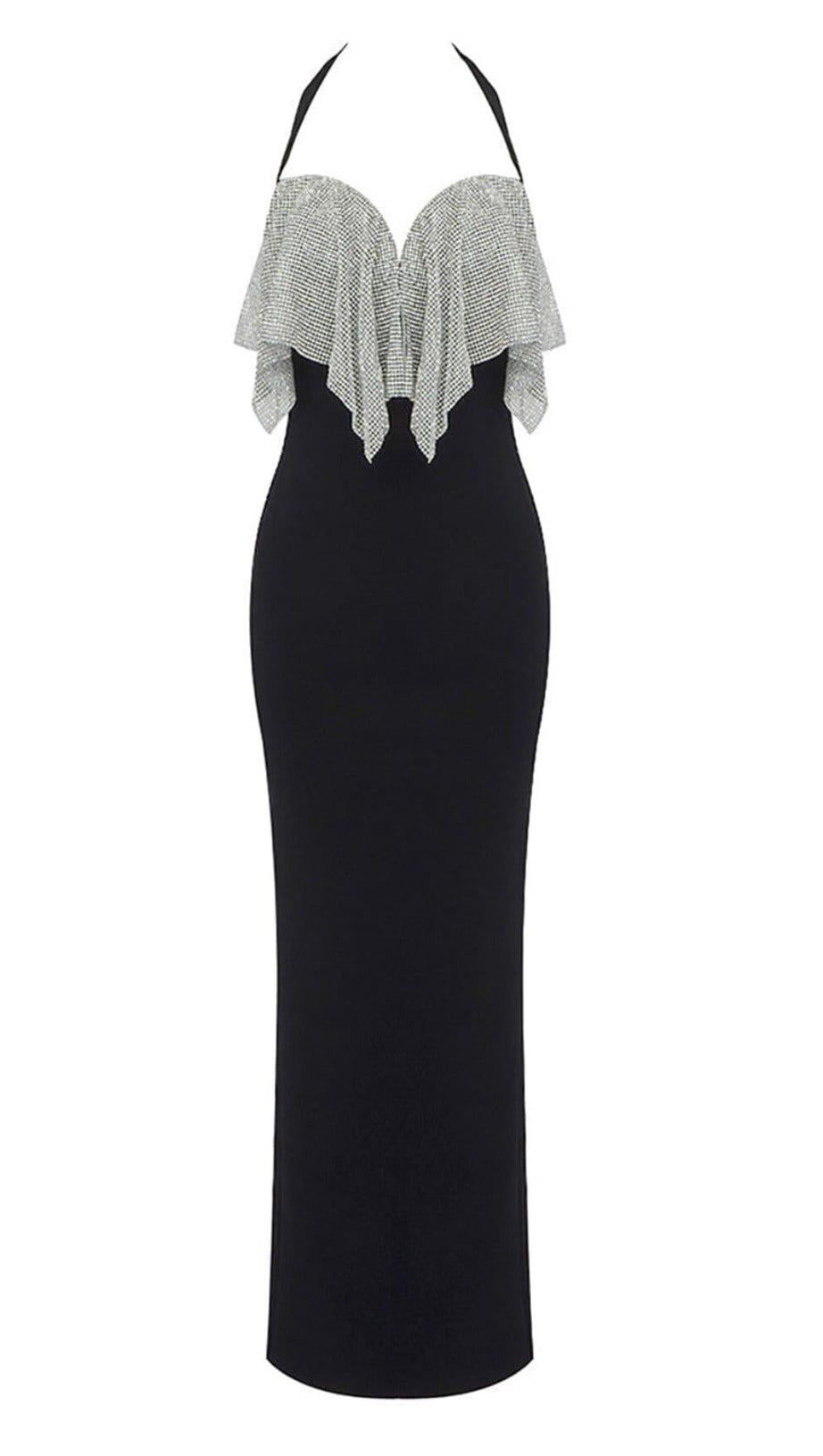 ABITO NERO CON CORSETTO E FASCIA HALTER CON COTTA DI CATENA CON CRISTALLI