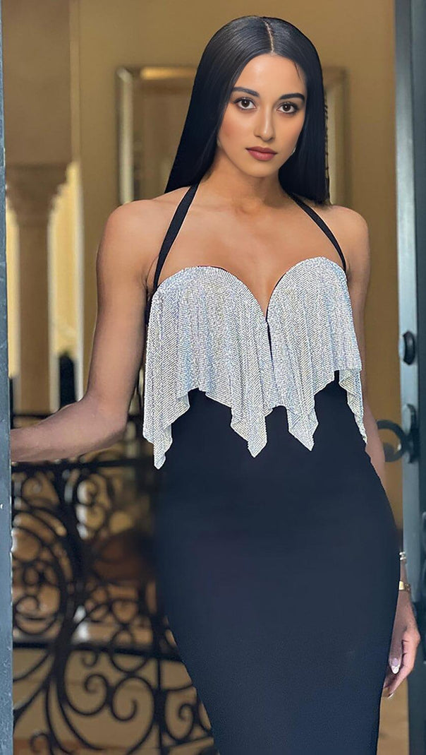 AIIZIE BLACK HALTER BANDAGE CORSETED DRESS WITH CRYSTAL CHAINMAIL - product image