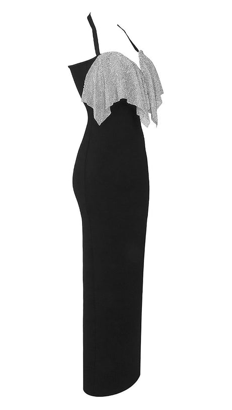 BLACK HALTER BANDAGE CORSETED DRESS WITH CRYSTAL CHAINMAIL