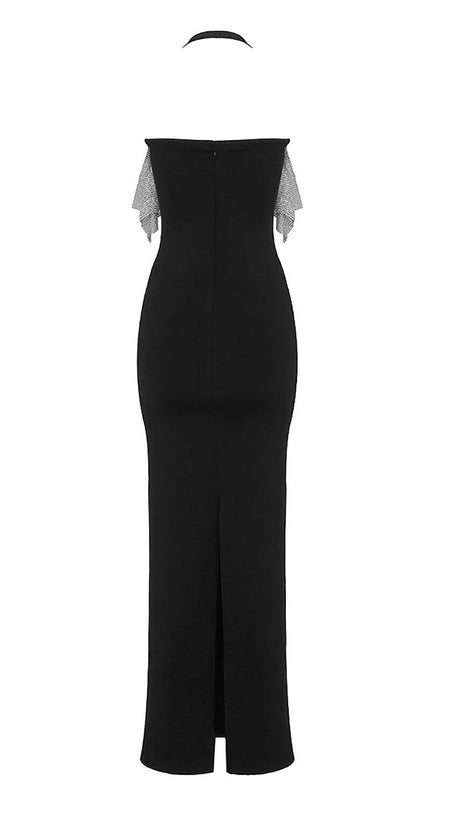 BLACK HALTER BANDAGE CORSETED DRESS WITH CRYSTAL CHAINMAIL