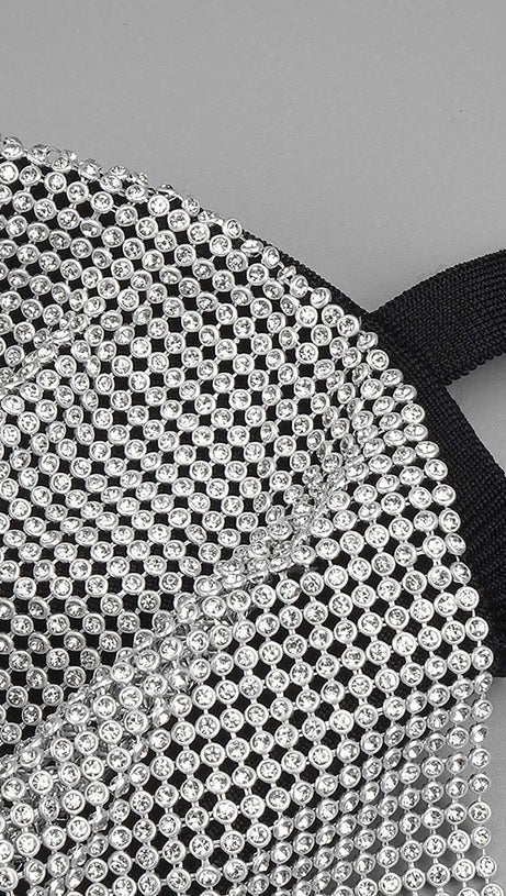 BLACK HALTER BANDAGE CORSETED DRESS WITH CRYSTAL CHAINMAIL