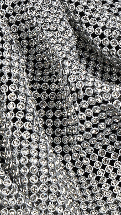 BLACK HALTER BANDAGE CORSETED DRESS WITH CRYSTAL CHAINMAIL