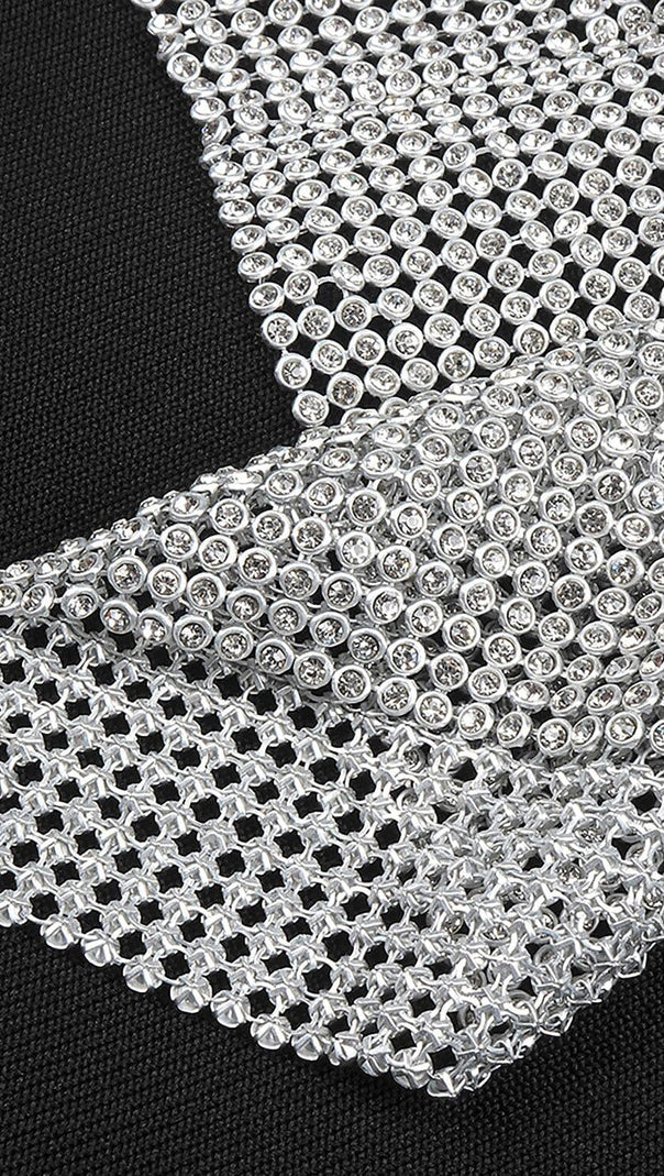 AIIZIE BLACK HALTER BANDAGE CORSETED DRESS WITH CRYSTAL CHAINMAIL - product image