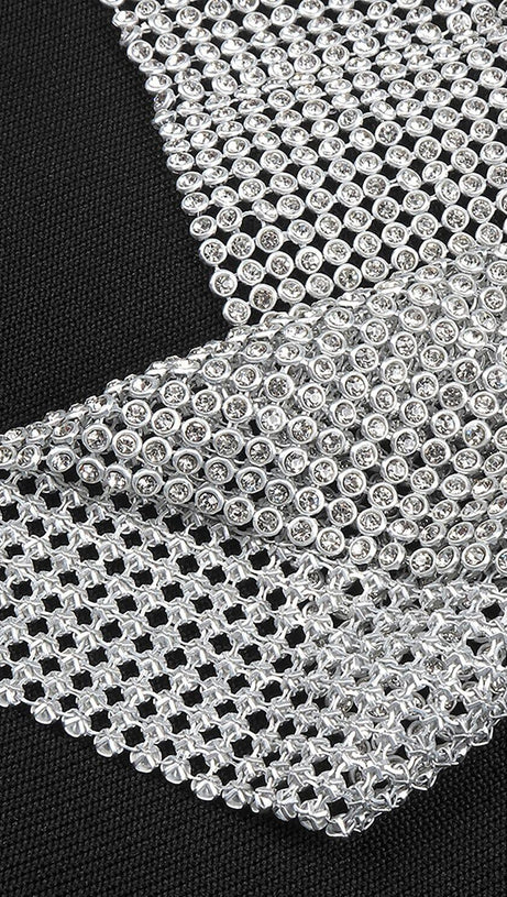 BLACK HALTER BANDAGE CORSETED DRESS WITH CRYSTAL CHAINMAIL