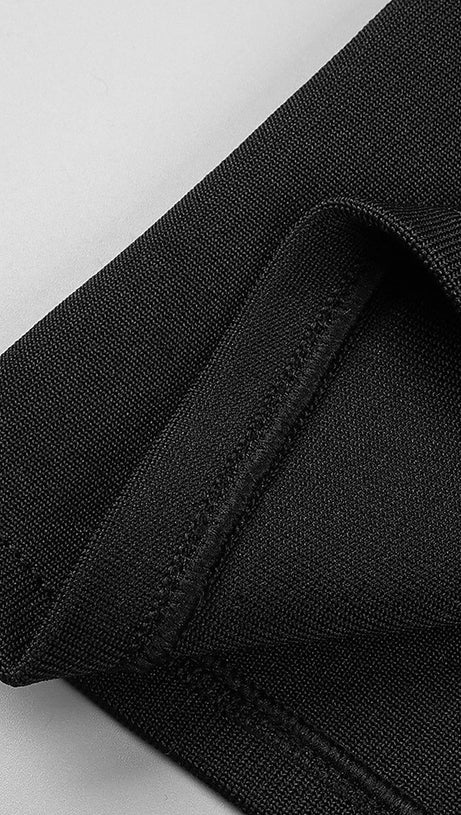 BLACK HALTER BANDAGE CORSETED DRESS WITH CRYSTAL CHAINMAIL