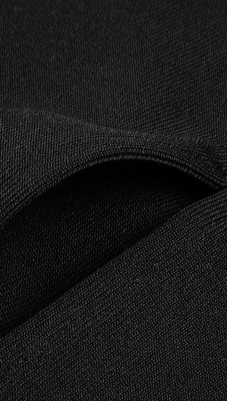 BLACK HALTER BANDAGE CORSETED DRESS WITH CRYSTAL CHAINMAIL