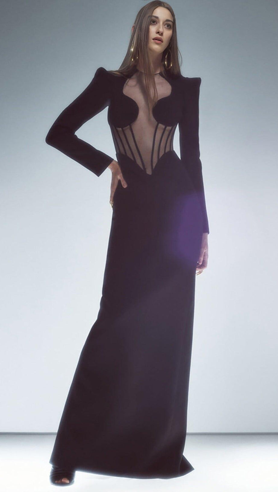 BLACK MESH CORSET DETAIL BANDAGE LONG DRESS