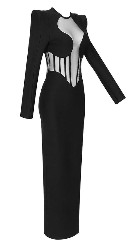 BLACK MESH CORSET DETAIL BANDAGE LONG DRESS